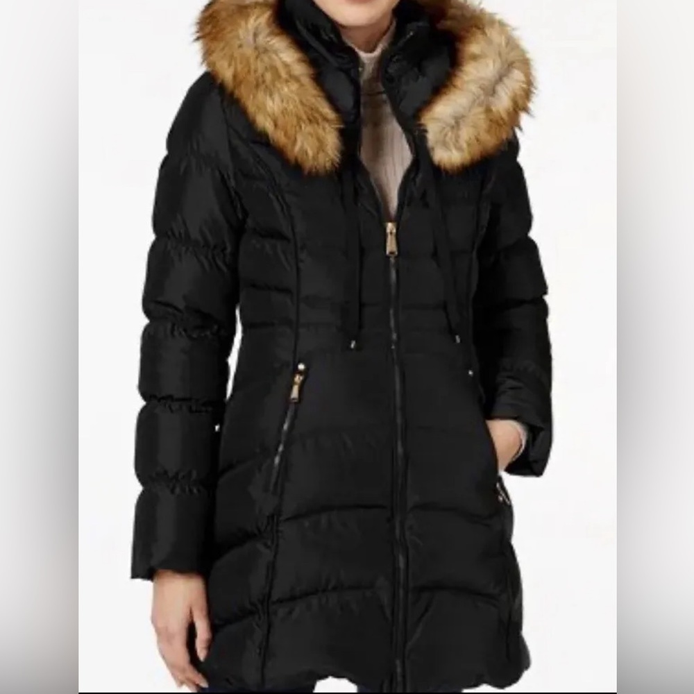 Laundry By Shelli Segal Black Puffer Coat with Faux Fur Trim